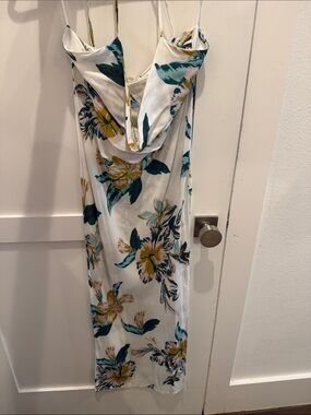 Floral Cowl Neck Maxi Dress in White with Teal & Mustard